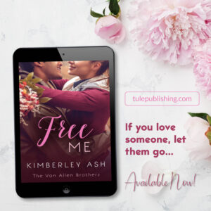 Cover of Free Me on a tablet with 'If you love someone, let them go... Available Now' on a white background with a pale pink peony in the top right-hand corner.